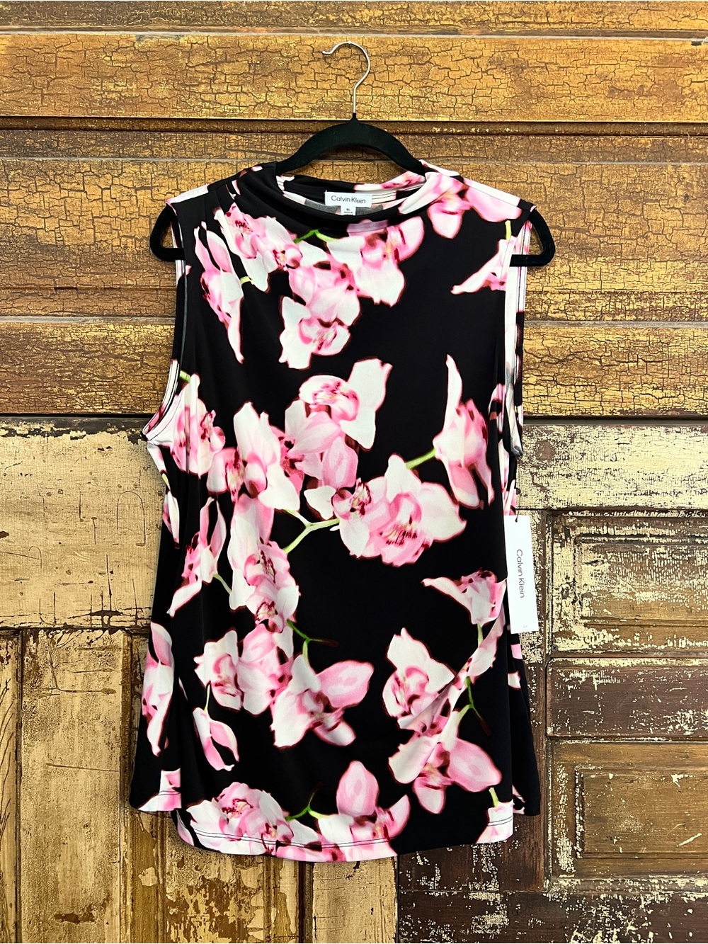 Calvin Klein NWT Black Floral Sleeveless Blouse Career Top XL